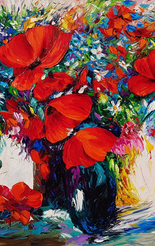 Red poppies in the vase (110x80cm, oil painting, palette knife) by Andranik Harutyunyan