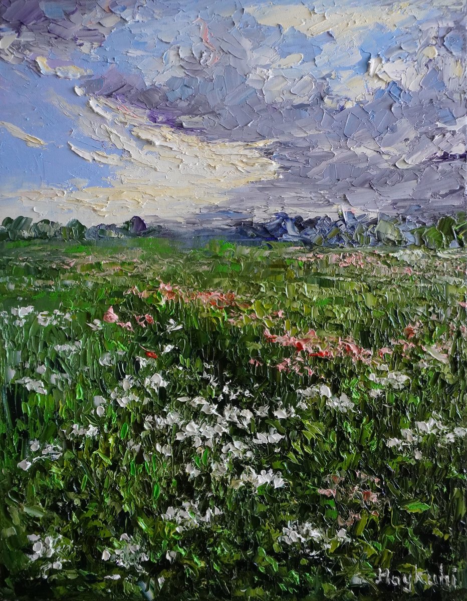 Impressionistic Landscape Oil Painting By Haykuhi Khachatryan, 14 X 18, Field, Original Artwork