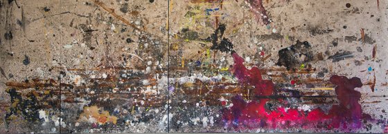 "Artist floor" (149x52x2,5 cm) Triptych - Collectors item (abstract, gouache, original, painting, coffee, acrylic, oil, watercolor, encaustics, beeswax, resin, wood, fingerpaint)