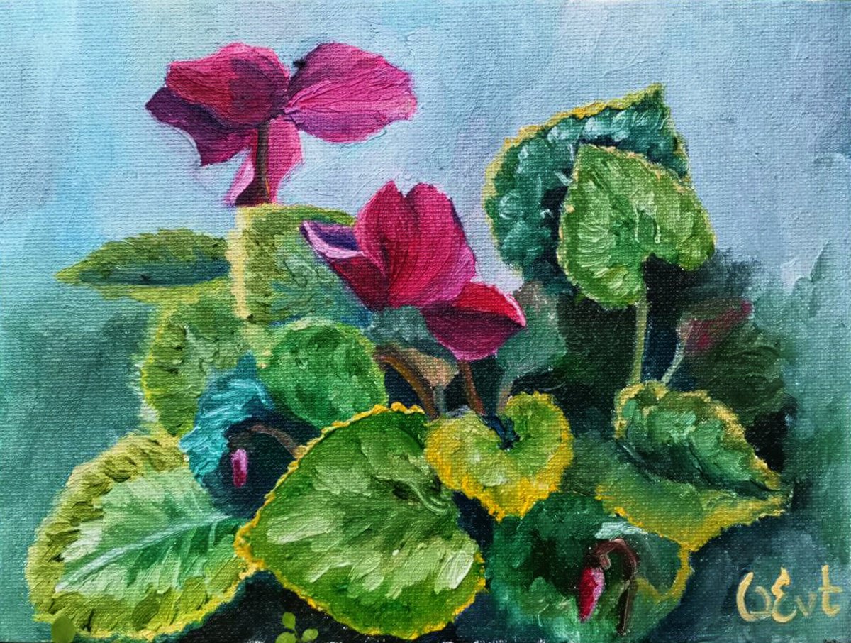 Impressionistic Botanical Oil Painting By Oksana Siciliana, 9 X 7", Purple Cyclamen, Original Artwork