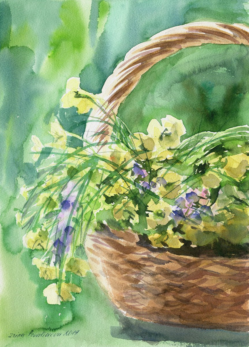 Basket with yellow flowers watercolor 24 x 34 cm, original art decor, gift idea, decor f... by Irina Povaliaeva