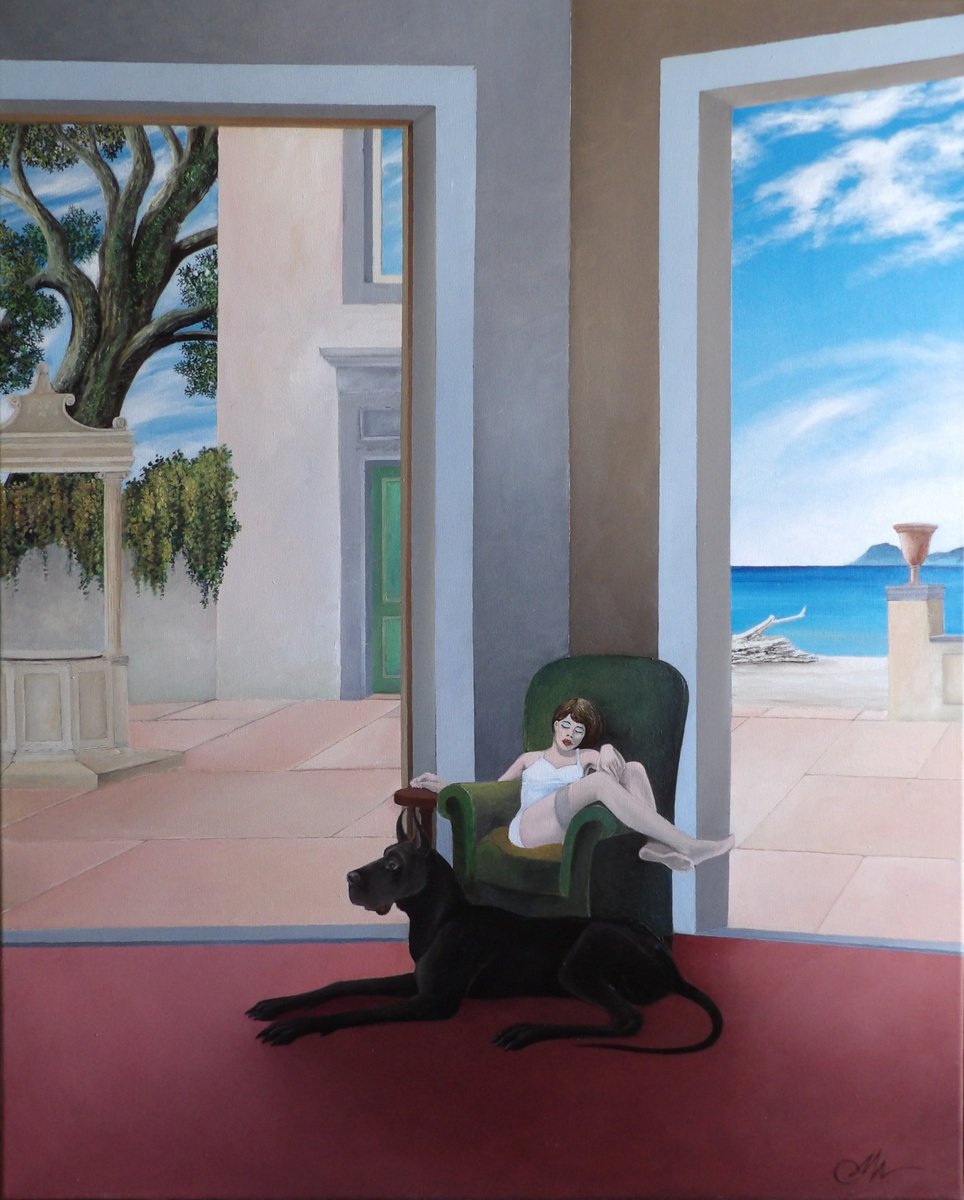 Surrealistic Landscape Oil Painting By Cecco Mariniello, 31 X 39, Between The Well And The Sea, Original Artwork