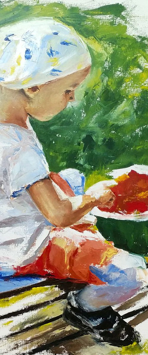 Taste of summer - portrait of a girl with watermelon by Leonid Plekhanov