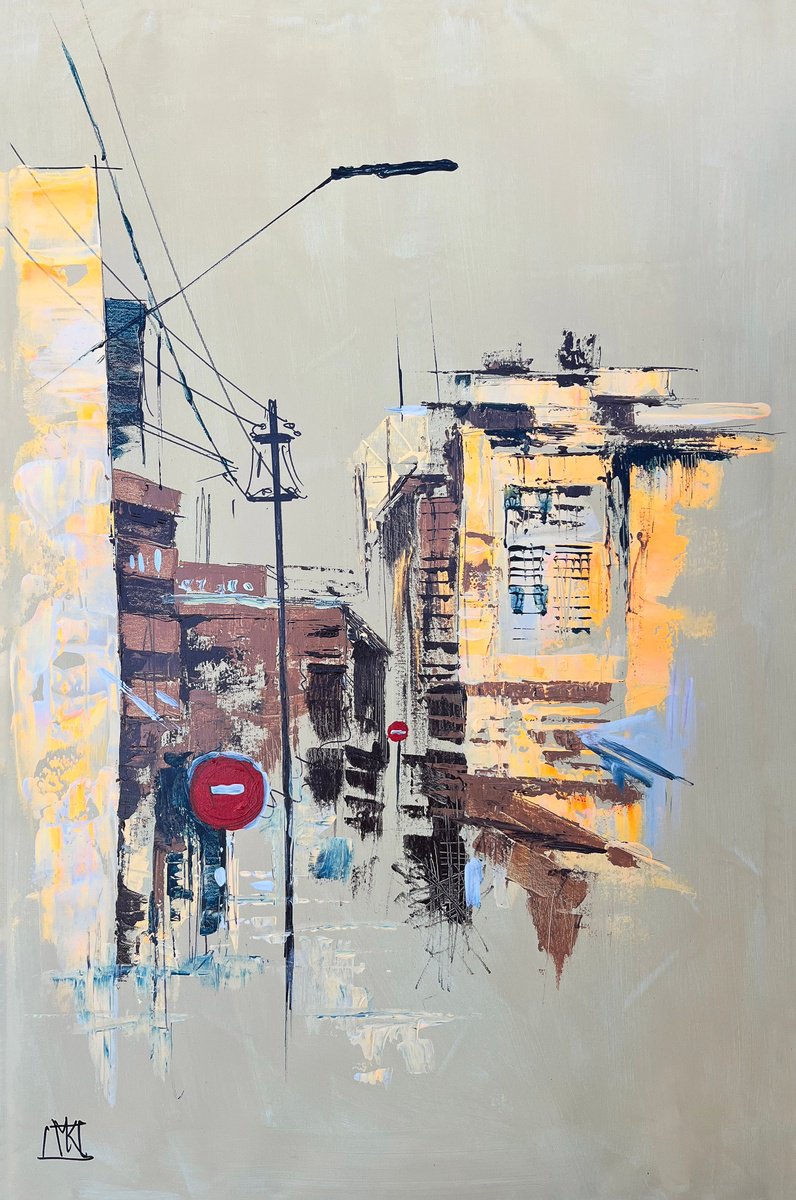 Impressionistic Cityscapes Acrylic Painting By Maria Kireev, 25 X 37", Golden Hour On Empty Street, Original Artwork