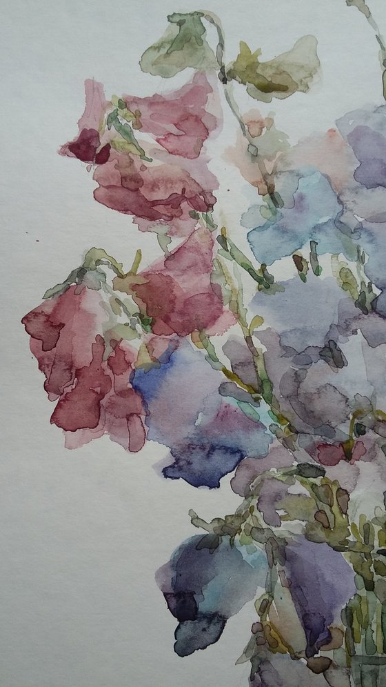 Bouquet of sweet peas in vase. Original watercolour painting.