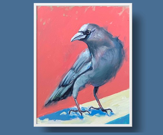 Crow black bird on pink. Original Oil Painting.