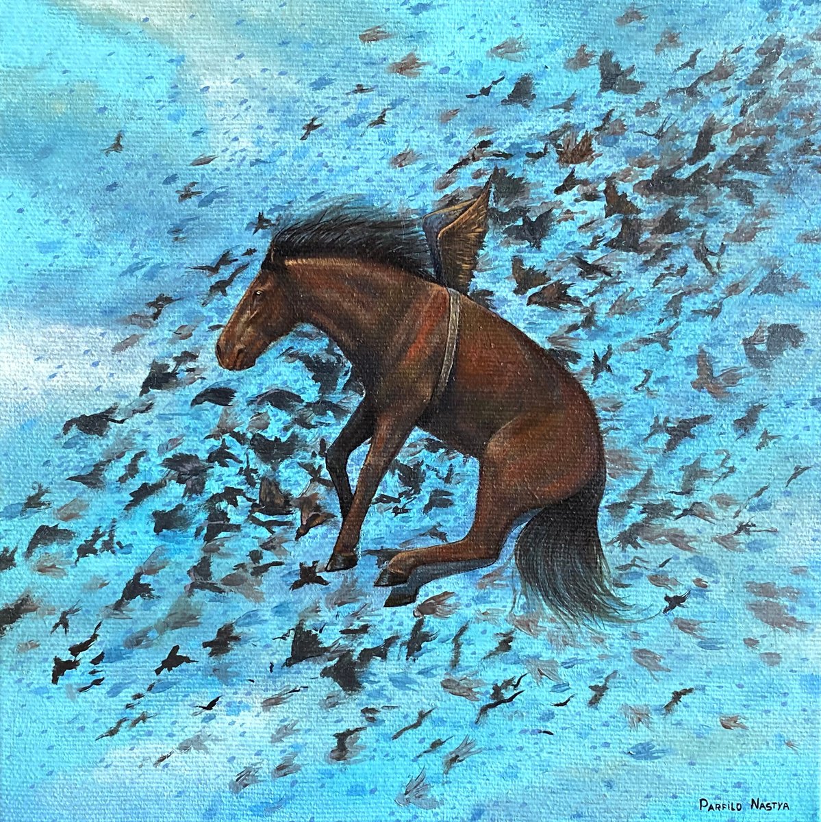 Surrealistic Animal Oil Painting By Anastasia Parfilo, 8 X 8, ?? Be A Bird In The Sky, Original Artwork