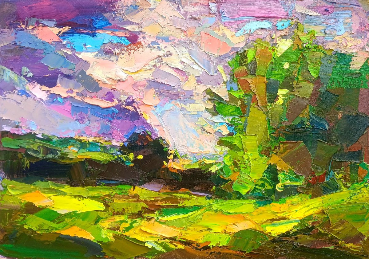Impressionistic Landscape Oil Painting By Ruslan Khais, 20 X 14", Etude With Rainbow, Original Artwork