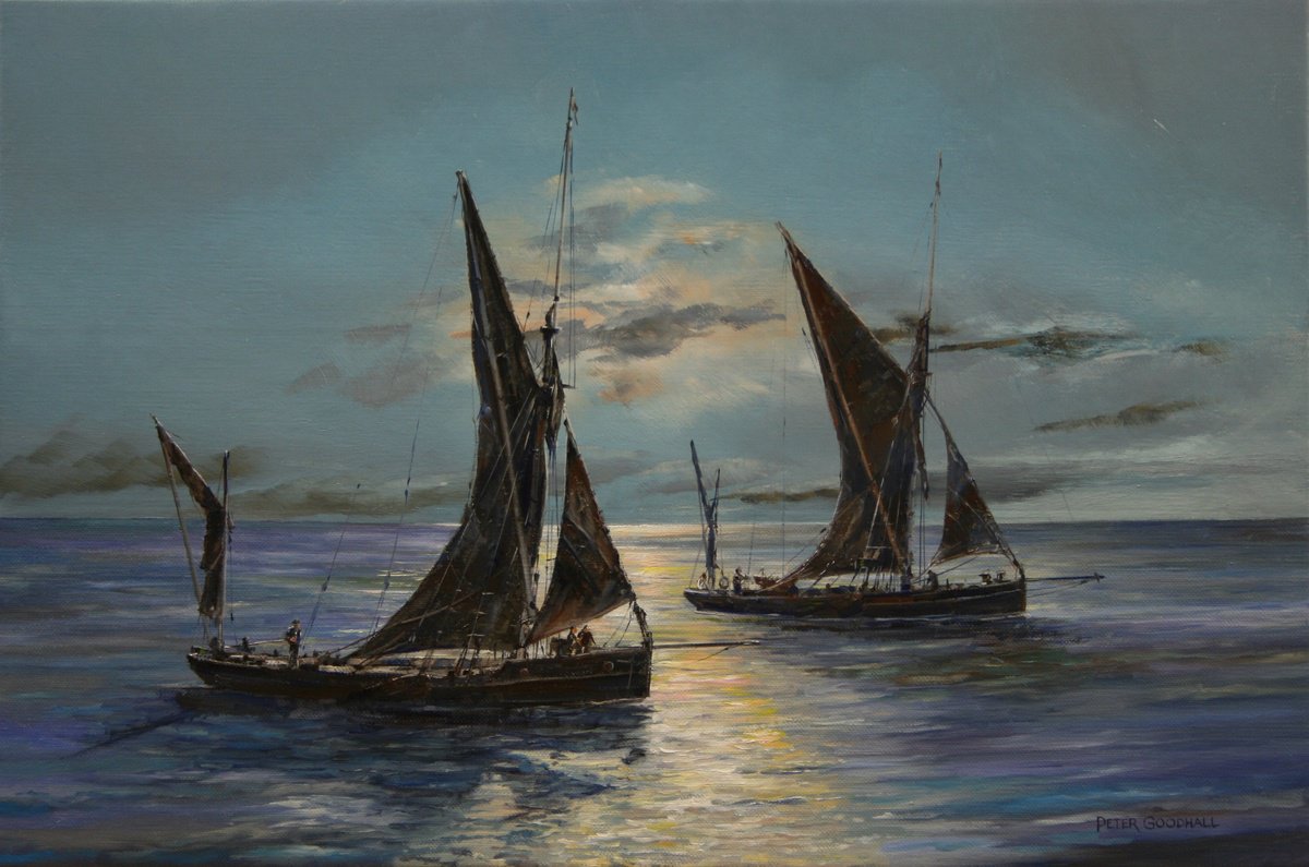 THAMES BARGES IN THE MOONLIGHT by Peter Goodhall