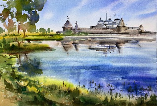 Solovetsky Monastery Serenity watercolor wall decor, river, forest, by Irina Povaliaeva