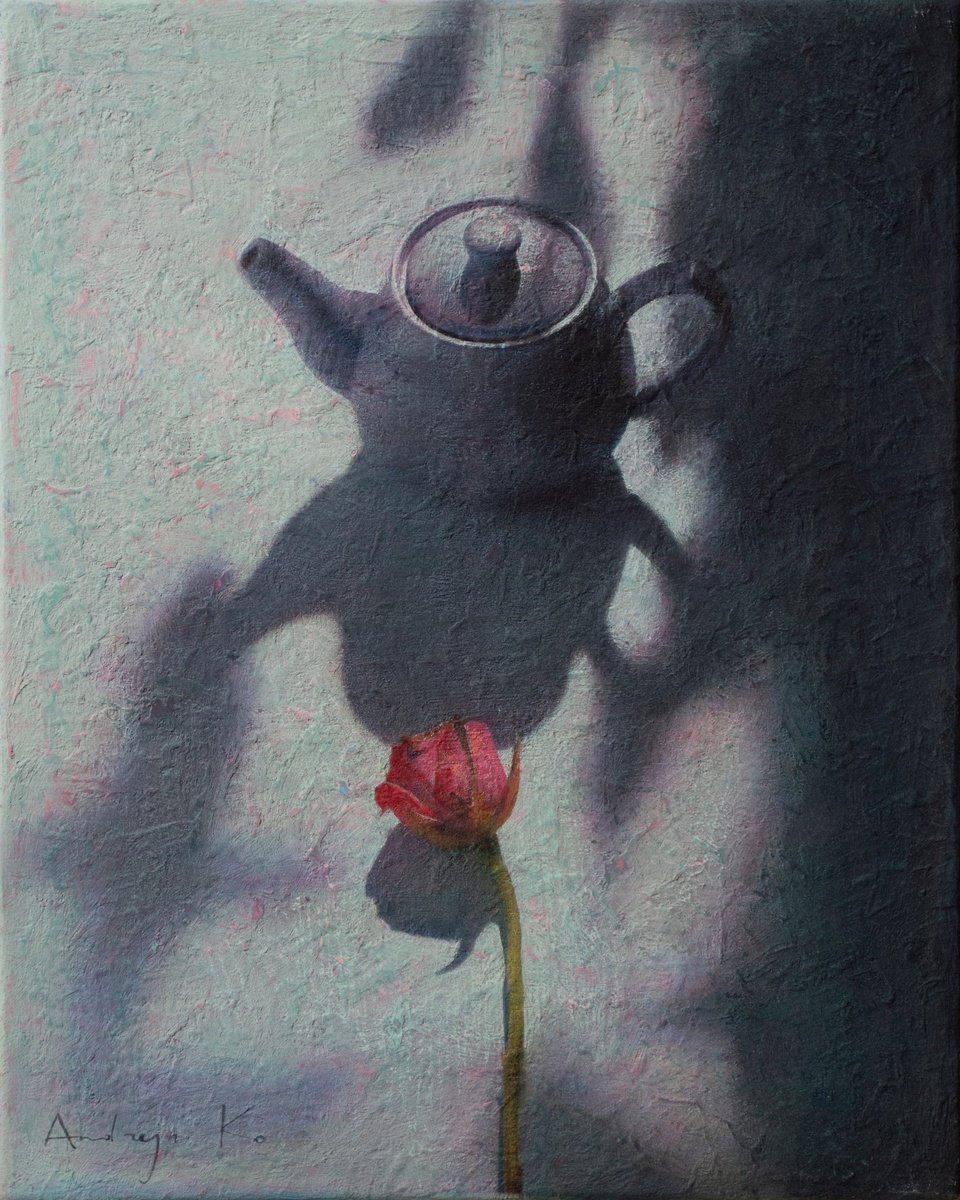 Impressionistic Still Life Acrylic Painting By Andrejs Ko, 16 X 20, The Teapot And Red Flower, Original Artwork