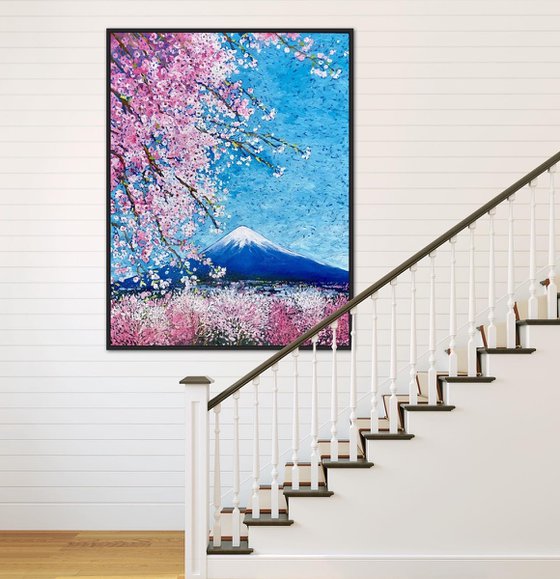 Spring in Japan, pink blooming painting on canvas