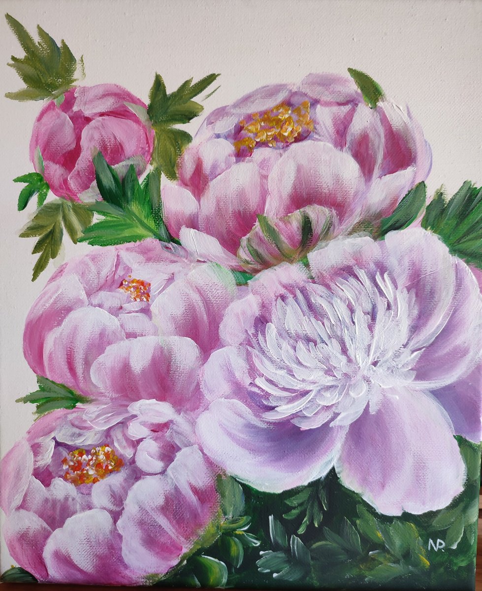 Lovely peonies, original flower, floral impressionistic painting by Nataliia Plakhotnyk