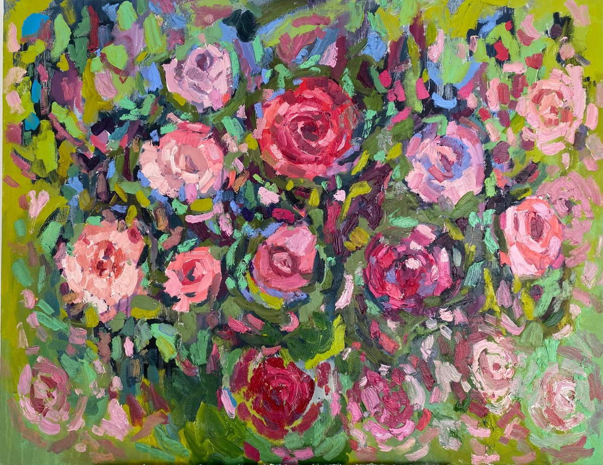 Impressionistic Botanical Oil Painting By Ksenia Kozhakhanova, 35 X 28", "The Smell Of Roses", Original Artwork