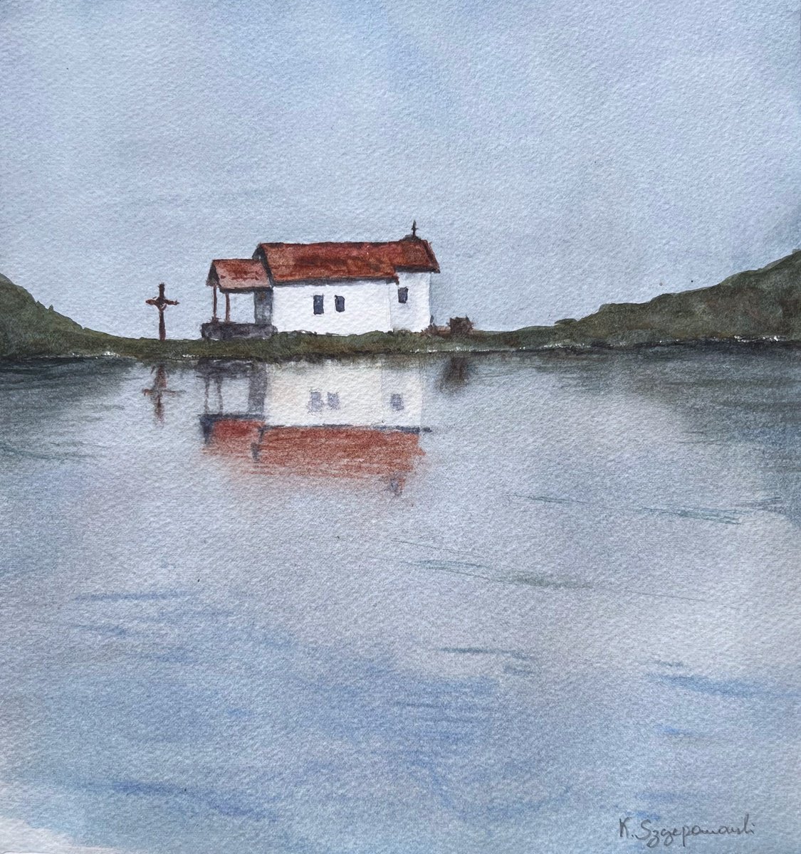 Impressionistic Landscape Watercolour By Krystyna Szczepanowski, 11 X 11", Reflection Of The White Chapel, Original Artwork