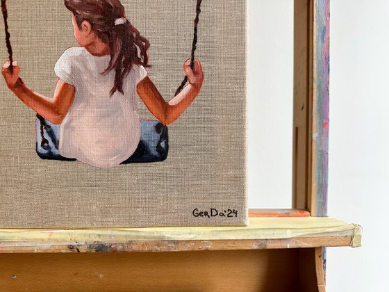 Childhood -Little Girl on Swing Painting