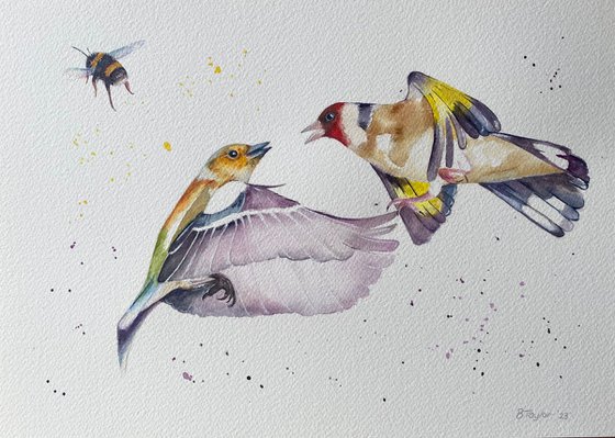 The birds and bees. Watercolour painting original art.