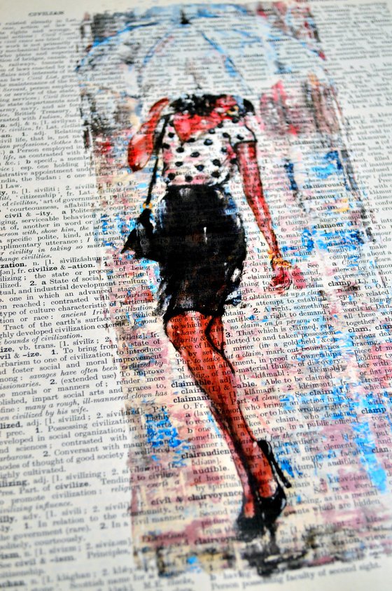 White Umbrella 3 - Collage Art on Large Real English Dictionary Vintage Book Page