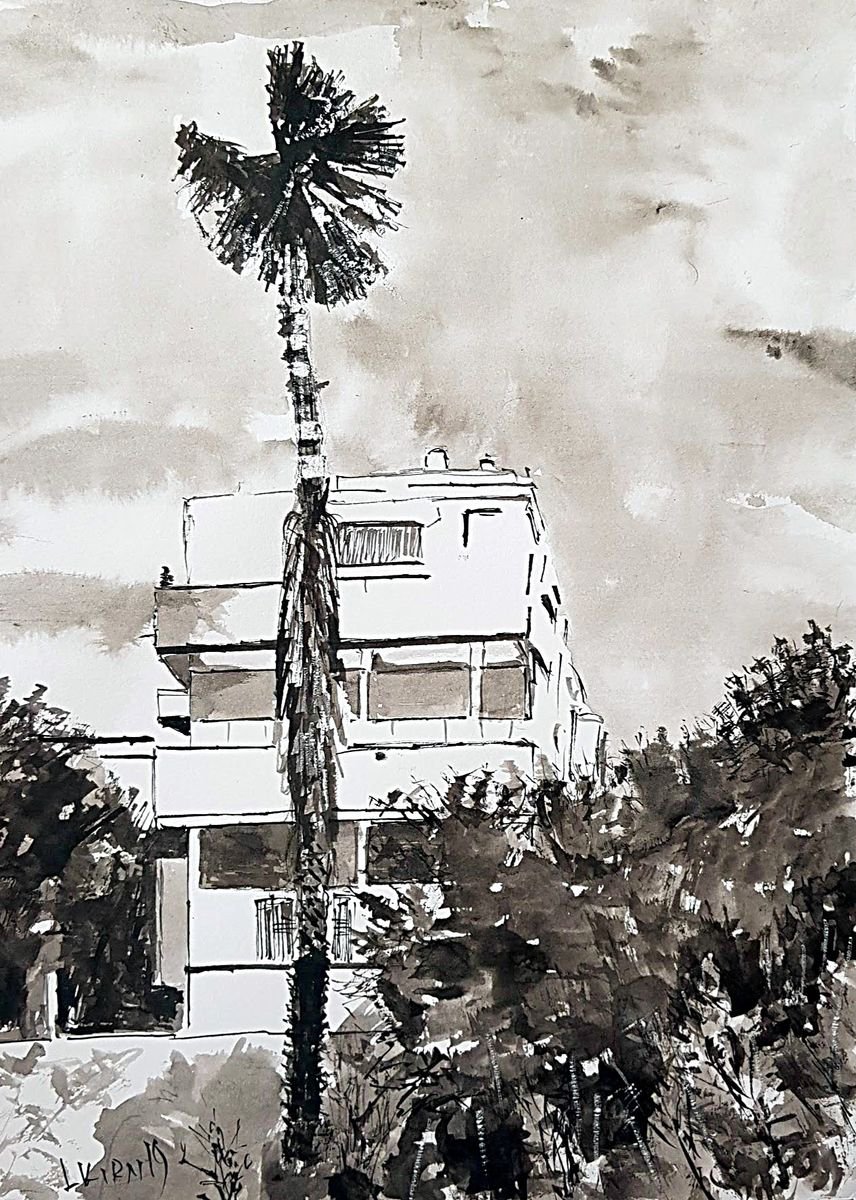 Impressionistic Cityscapes Ink Drawing By Leonid Kirnus, 10 X 14", The House, Original Artwork