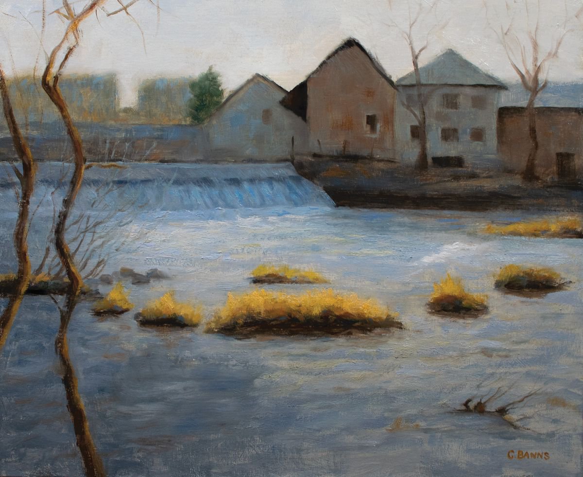 Impressionistic Landscape Oil Painting By Gav Banns, 18 X 15, Weir And Old Industry On The River Vienne On A Winter