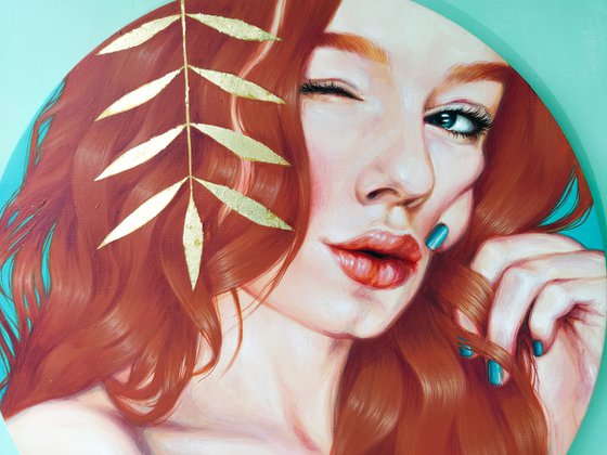 Original Artwork Woman Ginger Hair "Fiery Beauty" 24 in Round Frame Oil Acrylic Painting Sexiness Gold Art Portrait Romantic Pretty Red Hair