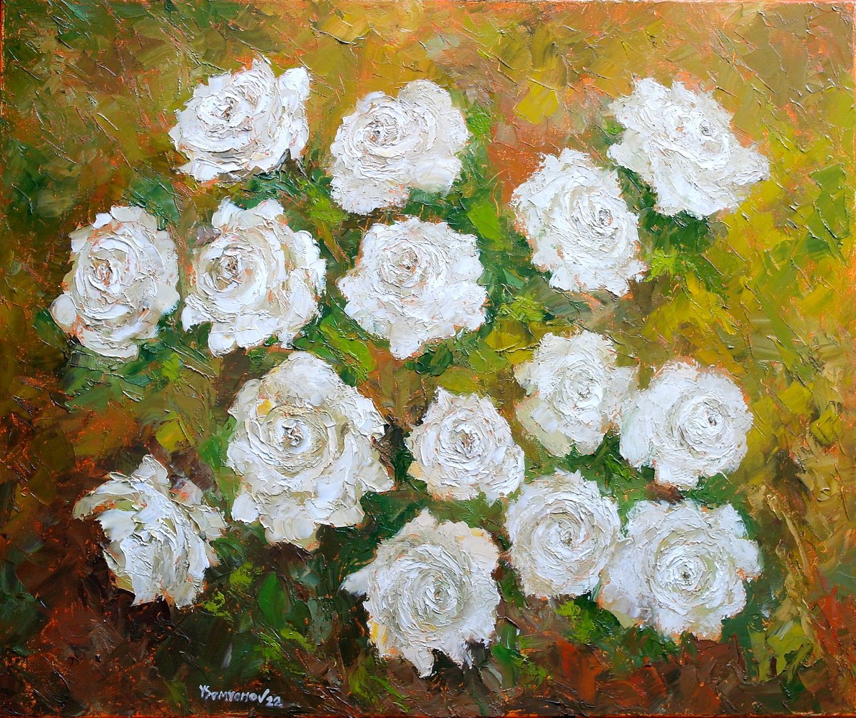 Expressive Botanical Oil Painting By Juri Semjonov, 24 X 20", Wild White Roses, Original Artwork