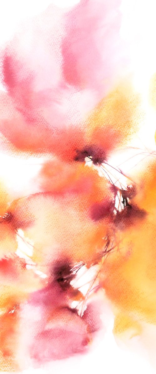 Abstract yellow flowers, watercolor painting "Sunshine" by Olga Grigo