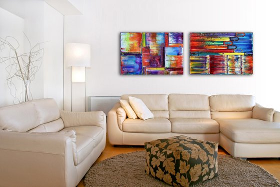 "Get It While It's Hot" - Save As A Series - Unique PMS Geometric Oil Painting Diptych On Canvas - 72" x 24"