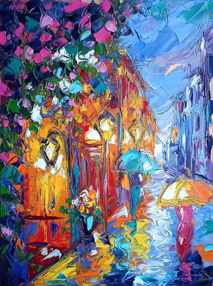 Impressionistic Cityscapes Oil Painting By Anastasia Kozorez, 12 X 16, Dance Of Lights In The Rain, Original Artwork