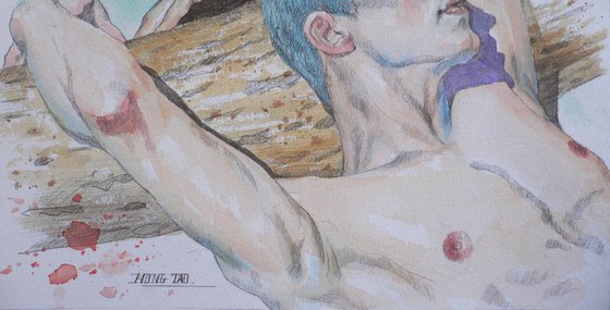 watercolor painting  male nude  on paper #1751