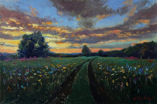 Sunset Over Wildflowers Field - summer landscape painting by Nikolay Dmitriev