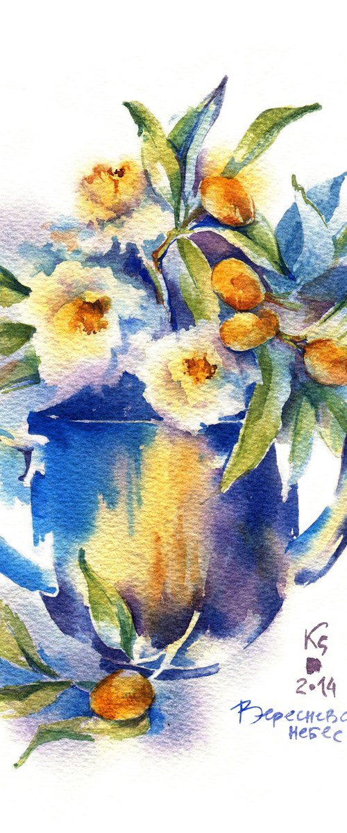 Modern still life "Bright Days of Autumn" original watercolor sketch by Ksenia Selianko