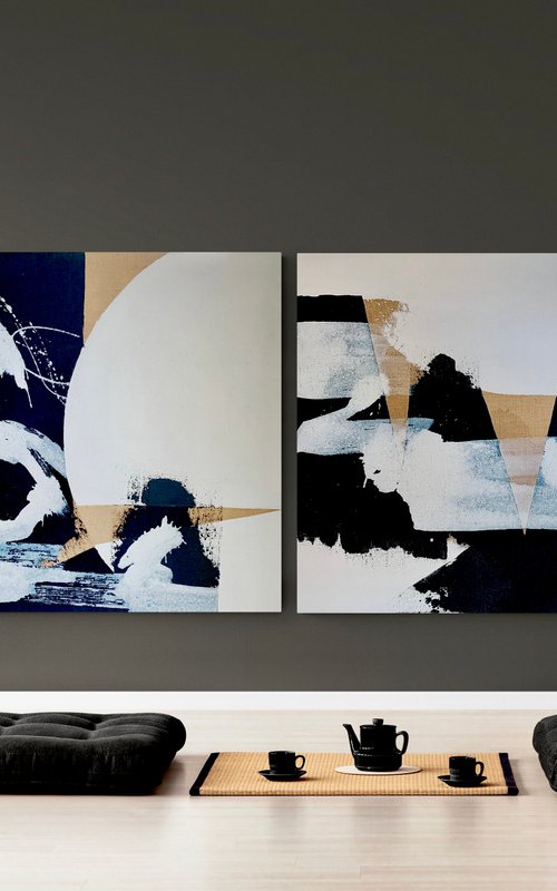 Abstraction No. 4422 XXL black & white minimalism - set of 2 by Anita Kaufmann