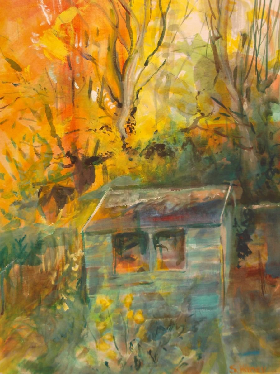 Impressionistic Landscape Painting By Sandra Haney, 16 X 20", Autumn Shed 2, Original Artwork