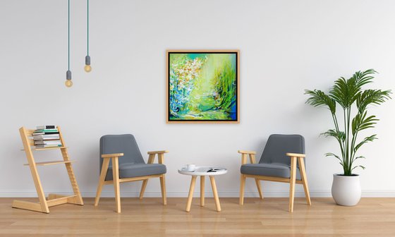 Abstract Forest Pond Painting II. Floral Garden. Abstract Tropical Flowers and Birds. Original Blue Green Teal Painting on Canvas Modern Art (2021)