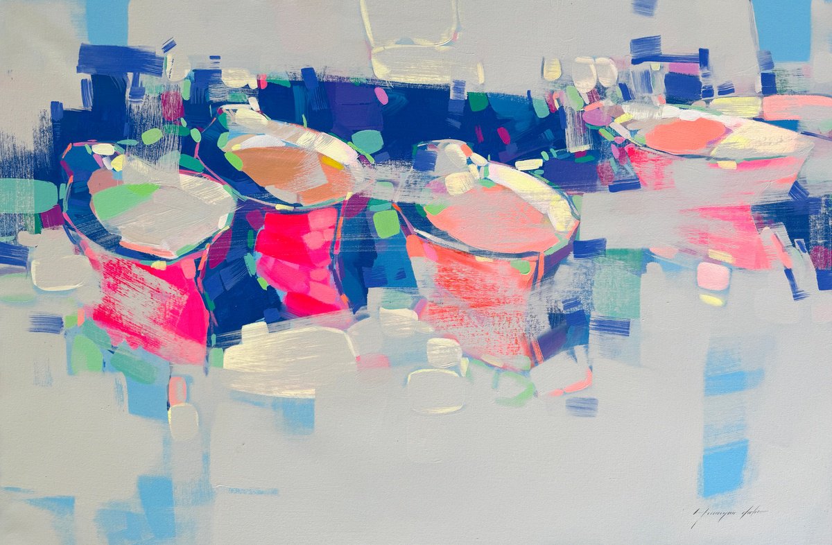 Impressionistic Landscape Oil Painting By Vahe Yeremyan, 43 X 28", Fishing Boats, Original Artwork