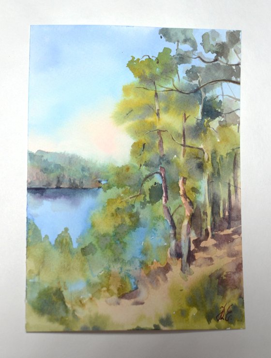 Small watercolor Forest Lake, Russian nature, Karelia