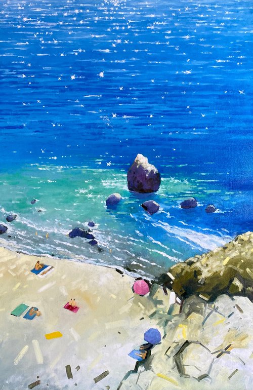 Large summer beach painting on canvas 90-60cm by Volodymyr Smoliak