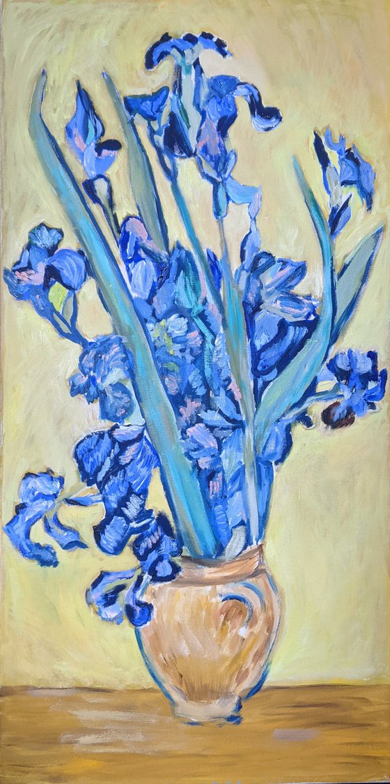 Irises in a Vase on yellow background inspired by Van Gogh