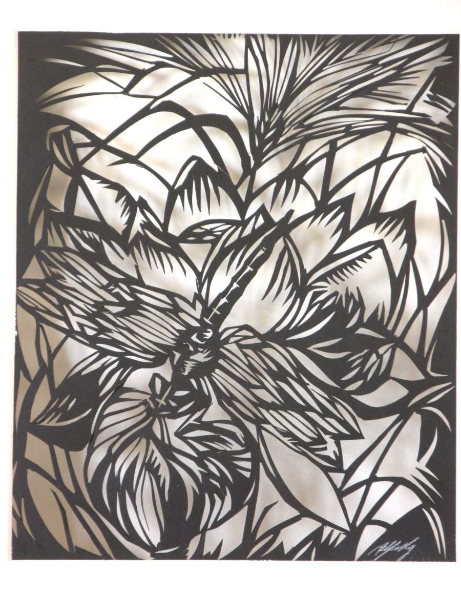 Botanical Drawing By Alfred Ng, 9 X 11, Dragonfly With Lotus Paper Cut, Original Artwork