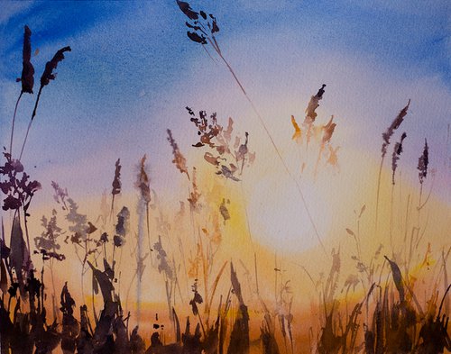 Sunset in a field. Small original watercolor sun light moody interior nature decor by Sasha Romm