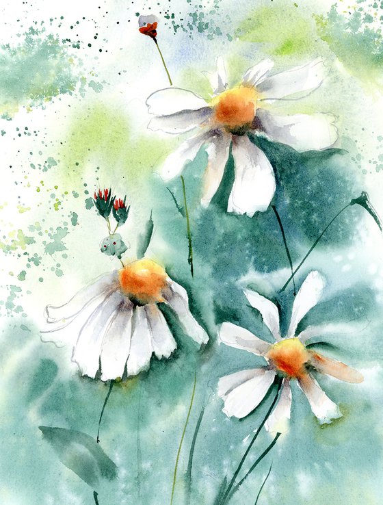 Daisies flowers (1 of 2) - Original Watercolor Painting
