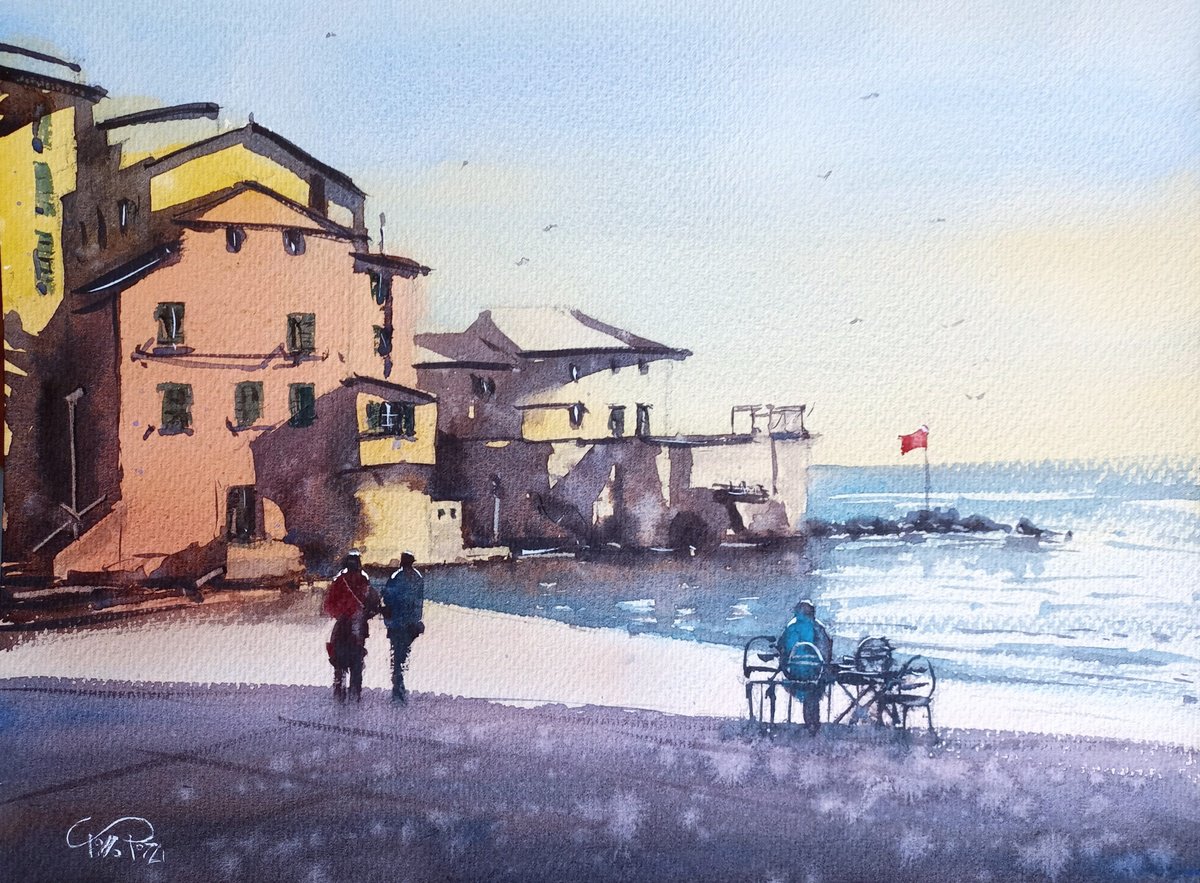 Expressive Watercolour , Winter In Boccadasse By Tollo Pozzi, 15 X 11, Artwork For Sale On Artfinder