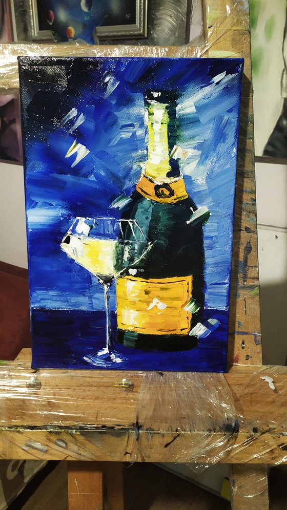 Champagne, original still life oil painting, gift idea, small art for home
