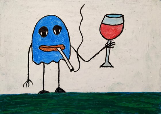 Blue man with red wine