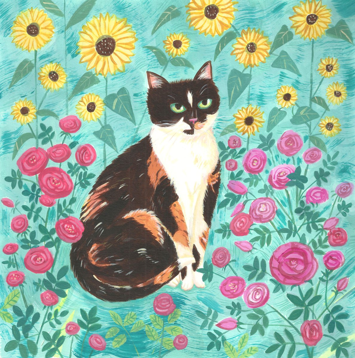 Illustrative Animal Acrylic Painting By Mary Stubberfield, 11 X 11", Tortie In The Garden, Original Artwork
