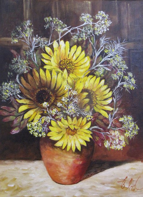 Sunflowers in Terracotta Jug by Christine Gaut