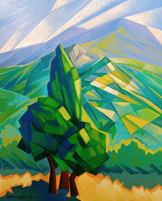 Alone tree (45x55cm, cubism, oil painting, ready to hang)