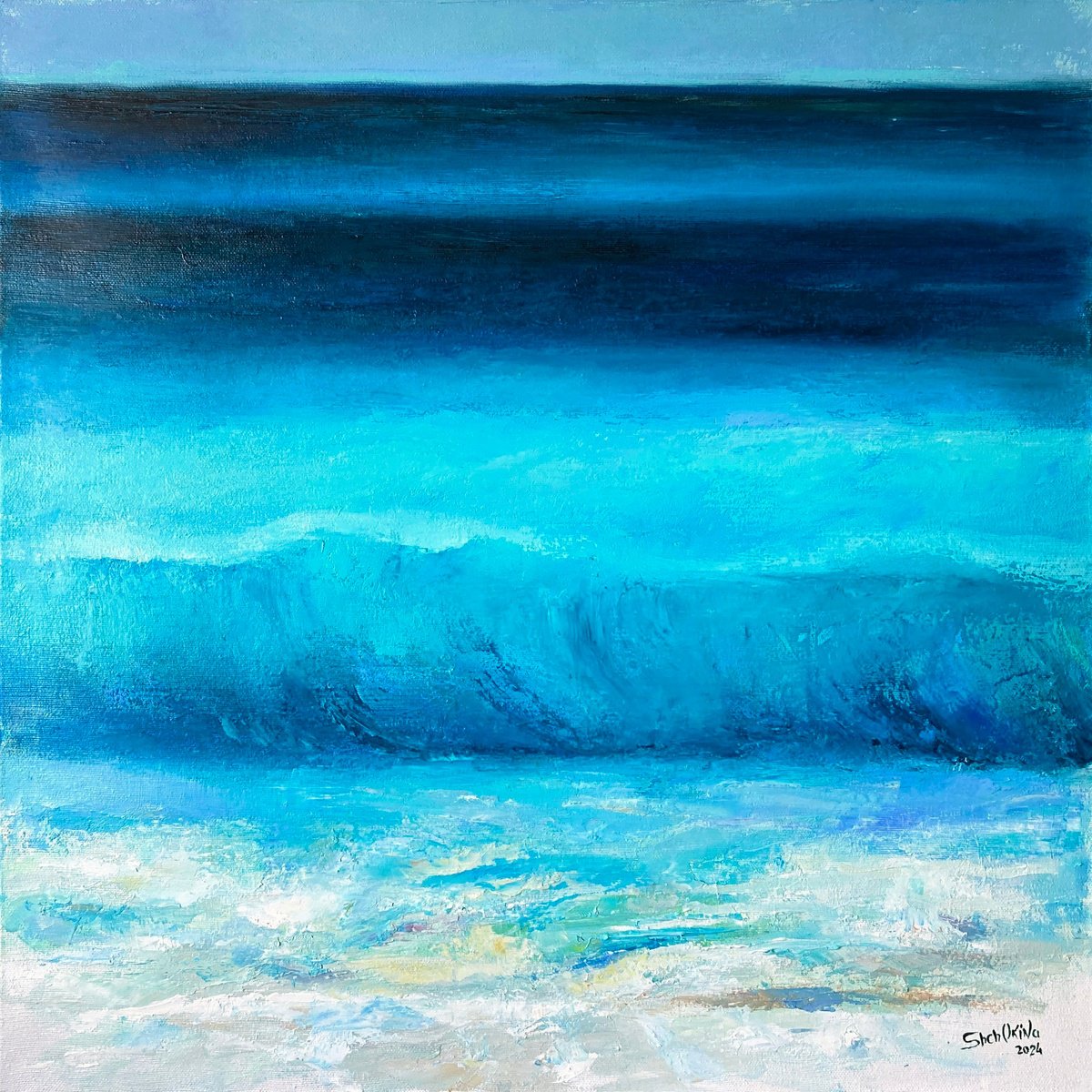 Sea. Blue and turquoise. 70x70 cm. Minimalistic large painting of the tropics and the beac... by Helen Shukina