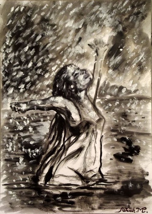 RAINY LAKE GIRL - MISSING THE RAIN - Thick oil painting - 30x42cm by Wadih Maalouf